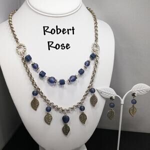 Robert Rose Blue Silver Leaf Necklace & Earrings Set, 21 Inches, 1 3/4 Inches